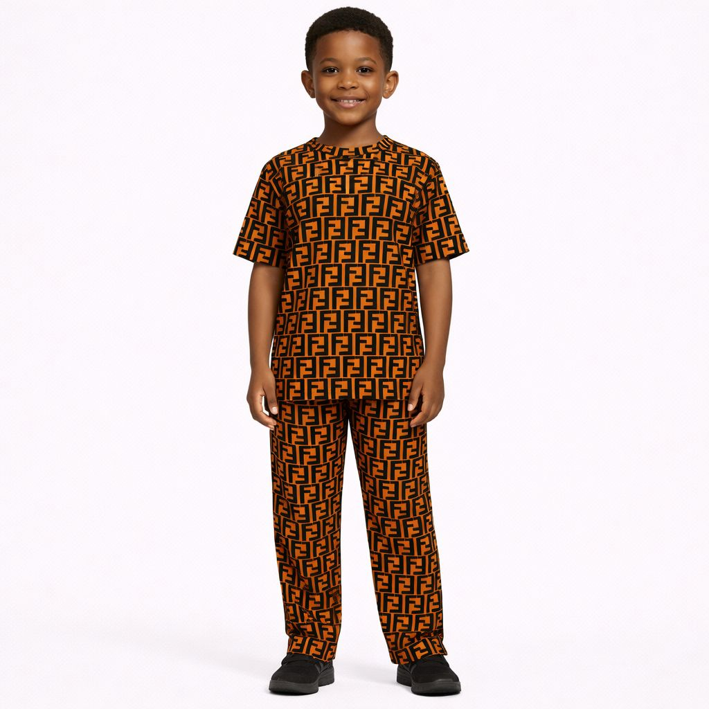 Kids Two Piece Brown Geometric Print Outfit Set